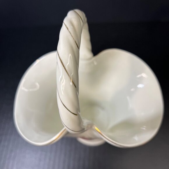 Vintage Formalities Porcelain Handle Basket Vase Roses w/Gold Trim By Baum Bros - Picture 5 of 7